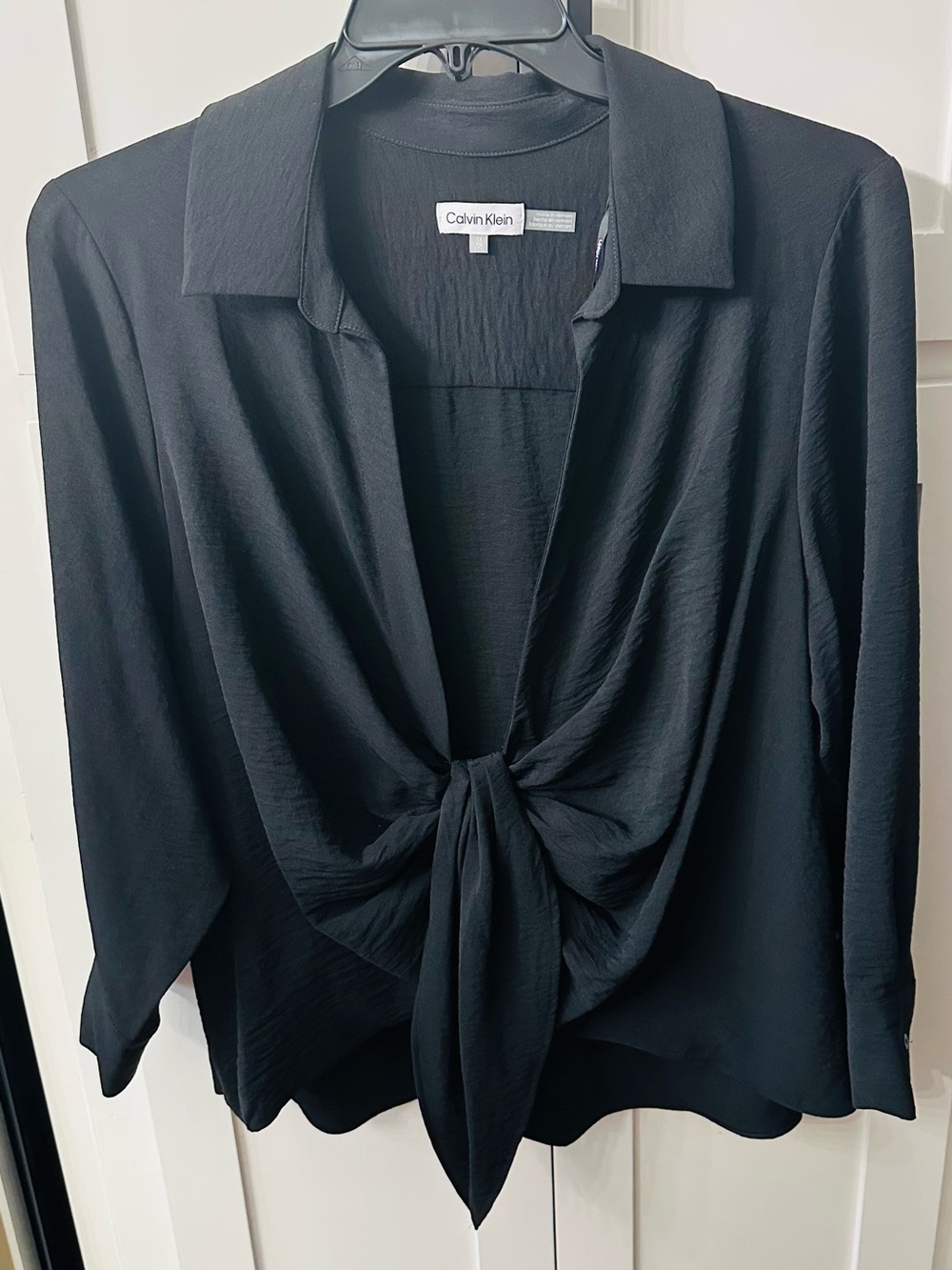 Calvin Klein Black Tie-Front Blouse - Women's Button Collar Top